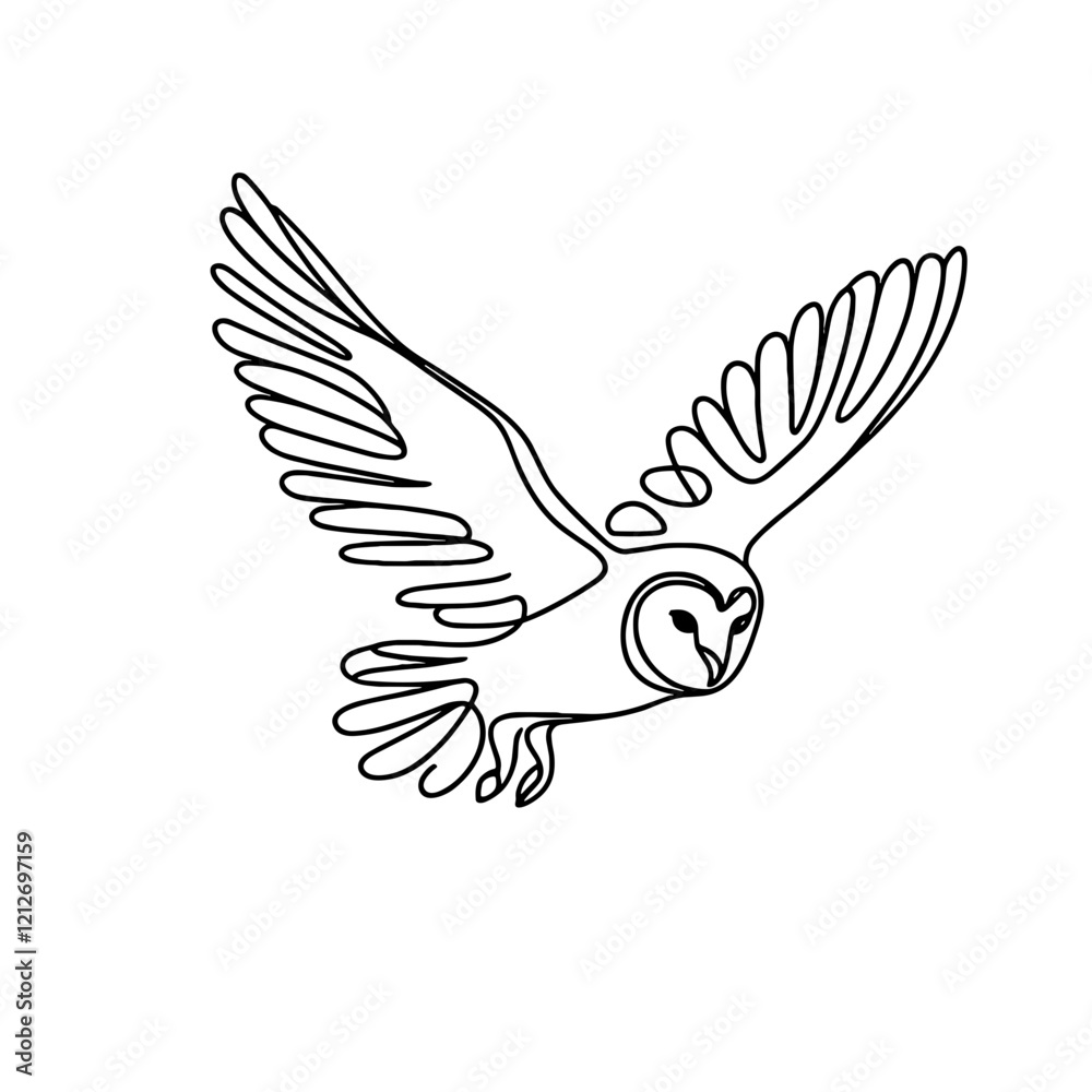 Fototapeta premium Flying owl, vector, black line drawing, minimalistic, single line, simple line, isolated, transparent background