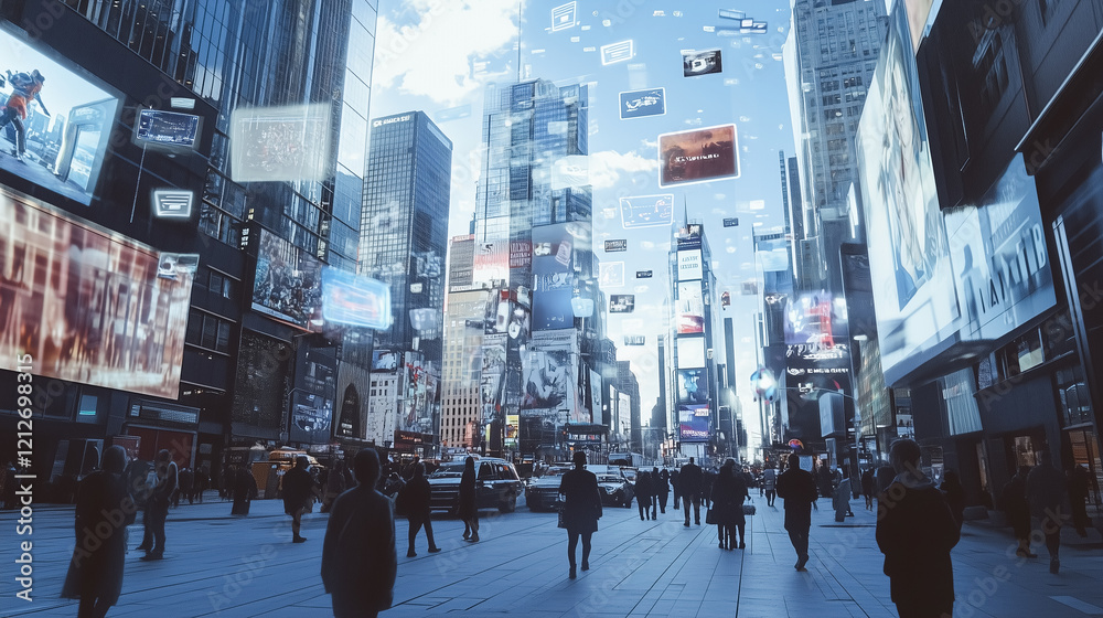 Obraz premium A bustling city street with towering buildings, bright billboards, and crowds of people. Captures the energy and dynamism of urban life in a modern metropolis.