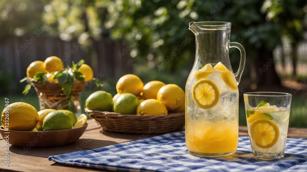 A refreshing pitcher of lemonade with lemons and limes, set outdoors on a sunny day. A refreshing pitcher of lemonade with lemons and limes, set outdoors on a sunny day.