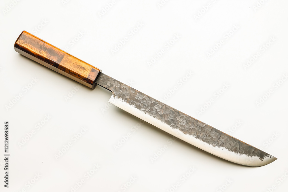A handcrafted kitchen knife with a textured blade and a wood handle. High-quality, sharp, and perfect for professional chefs or home cooks. A handcrafted kitchen knife with a textured blade and a wood handle. High-quality, sharp, and perfect for professional chefs or home cooks.