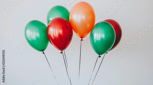A clean assortment of red, green, and orange balloons evenly arranged on a plain white canvas, creating a minimalist look