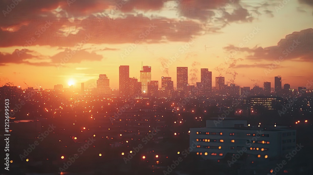 A binocular lens zoomed in on a distant city skyline at dusk, surrounded by a twilight atmosphere. A binocular lens zoomed in on a distant city skyline at dusk, surrounded by a twilight atmosphere.