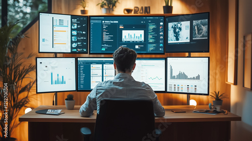 A data analyst sits in a modern workspace, surrounded by multiple monitors displaying charts, analytics, and financial trends, focused on insights, strategy, and decision-making.