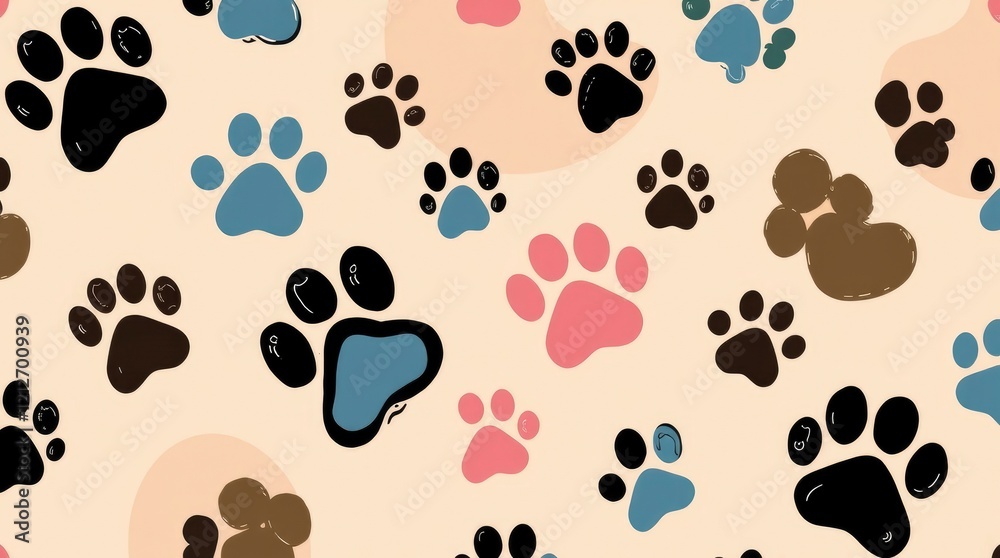 Fototapeta premium Playful Paw Prints: A Colorful, Hand-Drawn Pet Pattern