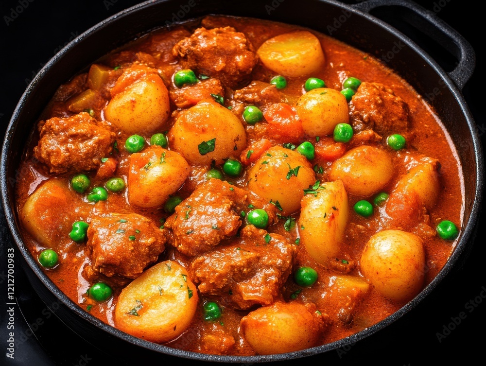 A hearty dish of meatballs and potatoes in a rich tomato sauce, garnished with green peas, served hot in a black pot. A hearty dish of meatballs and potatoes in a rich tomato sauce, garnished with green peas, served hot in a black pot.