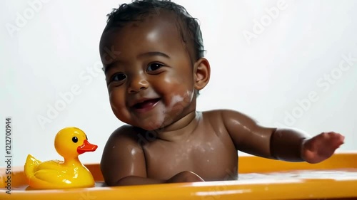 footage of cute african american baby boy having fun in the bathe; yellow duck toyin the water; white background photo