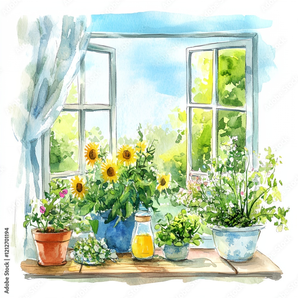 Φωτογραφία Window with a view of a garden with potted plants and a vase of flowers