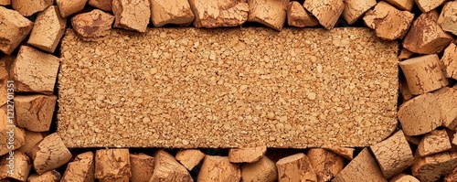 sustainable home insulation sustainability. Thermal cork granules used in loose-fill insulation applications, offering renewable and eco-friendly properties for attics and floors photo