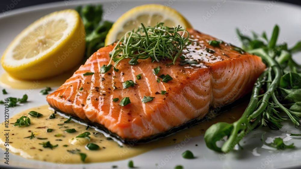 A beautifully plated salmon dish garnished with herbs and lemon slices. A beautifully plated salmon dish garnished with herbs and lemon slices.