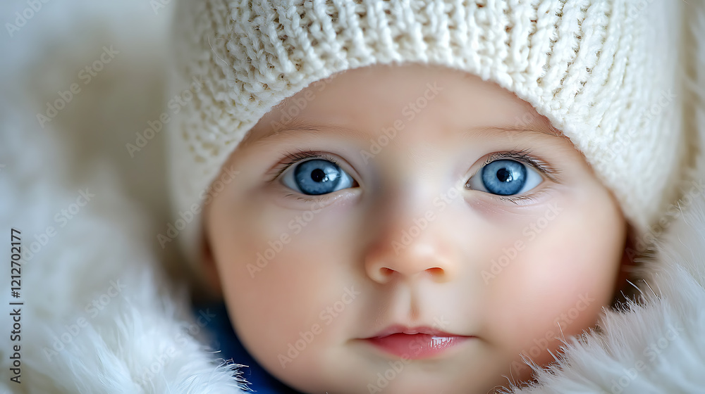 Infant with blue eyes and knit hat cozy home environment portrait photography close-up view emphasizing innocence and beauty Infant with blue eyes and knit hat cozy home environment portrait photography close-up view emphasizing innocence and beauty