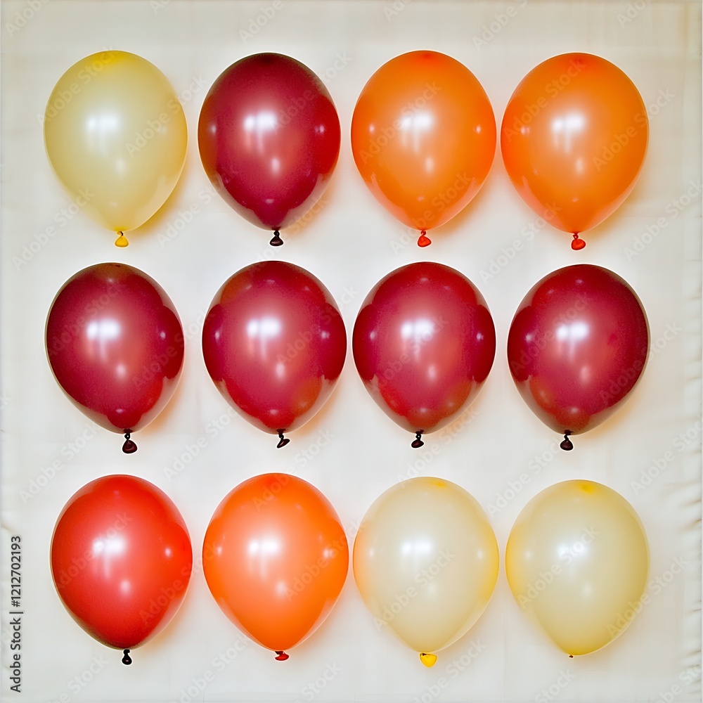A conceptual display of red, orange, and yellow balloons, floating in an abstract yet minimalist arrangement A conceptual display of red, orange, and yellow balloons, floating in an abstract yet minimalist arrangement