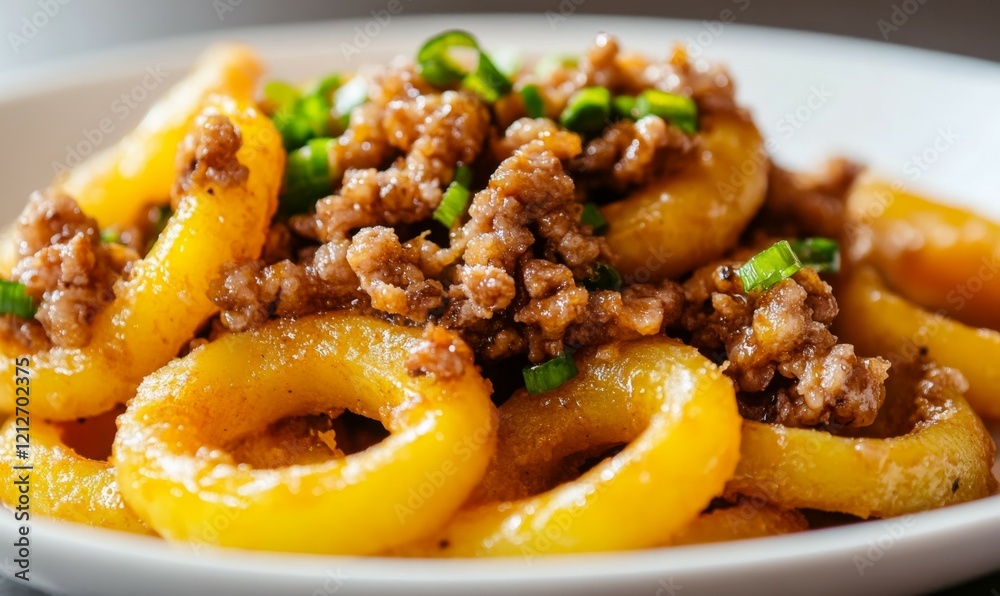 Close-Up ready to serve dish consisting of chopped potato rings and fried minced pork meat Close-Up ready to serve dish consisting of chopped potato rings and fried minced pork meat