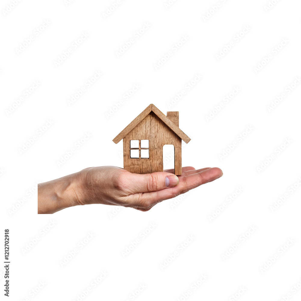 Hand Holding a Model House: A close-up shot showcases a hand gently cradling a miniature wooden house, symbolizing homeownership, real estate, and the concept of security and shelter. Hand Holding a Model House: A close-up shot showcases a hand gently cradling a miniature wooden house, symbolizing homeownership, real estate, and the concept of security and shelter.