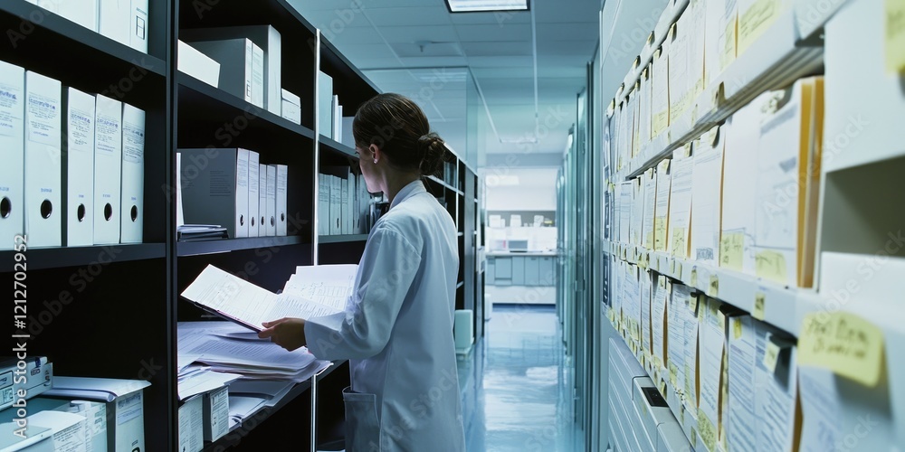 Fotografie a clinical trial coordinator organizing patient data, with documents and digital interfaces clearly visible