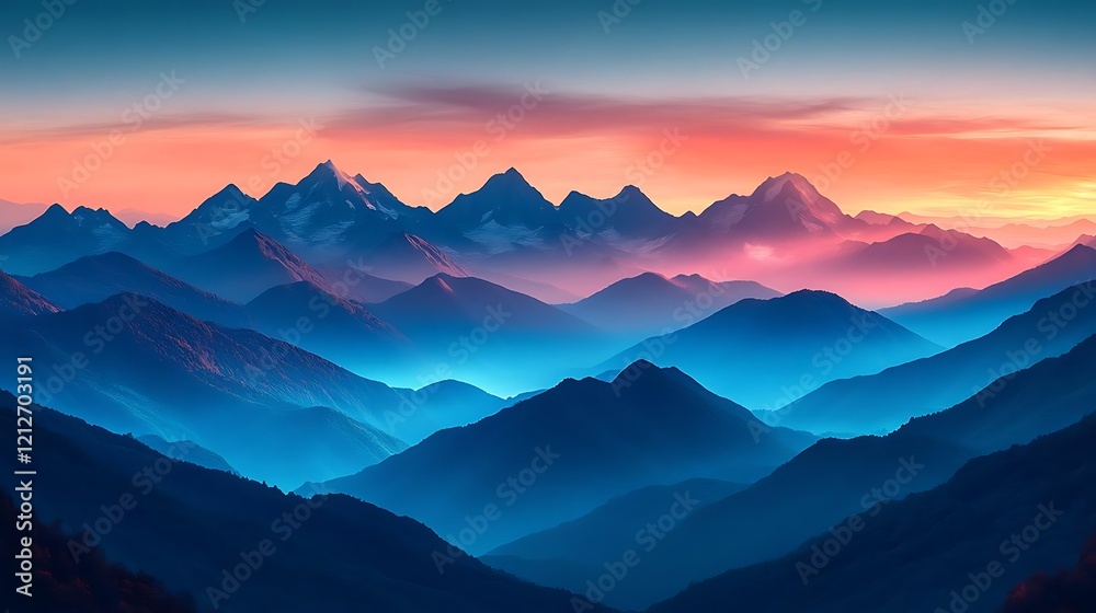 Majestic mountain range at sunset, showcasing vibrant colors and layered peaks. Majestic mountain range at sunset, showcasing vibrant colors and layered peaks.