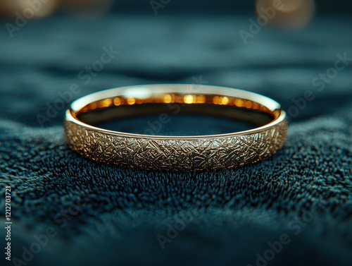 Shiny gold ring resting on black velvet surface showcasing intricate details and symmetry