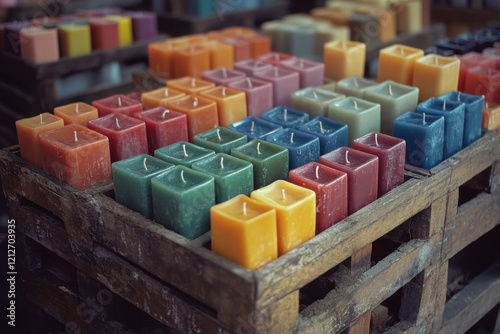 Colorful candles arranged neatly on a rustic wooden display in a vibrant market setting during the afternoon light