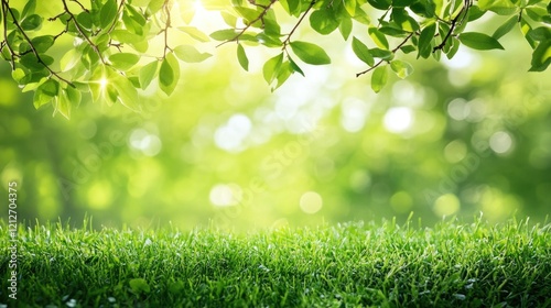 Lush green leaves hang over a soft grass field with a bright blurred background