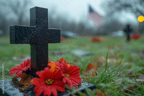 memorial battlefield cross, standing solemnly among soft green grass, adorned with a flag, flowers at its base, resonating a deep sense of sacrifice and remembrance for fallen soldiers