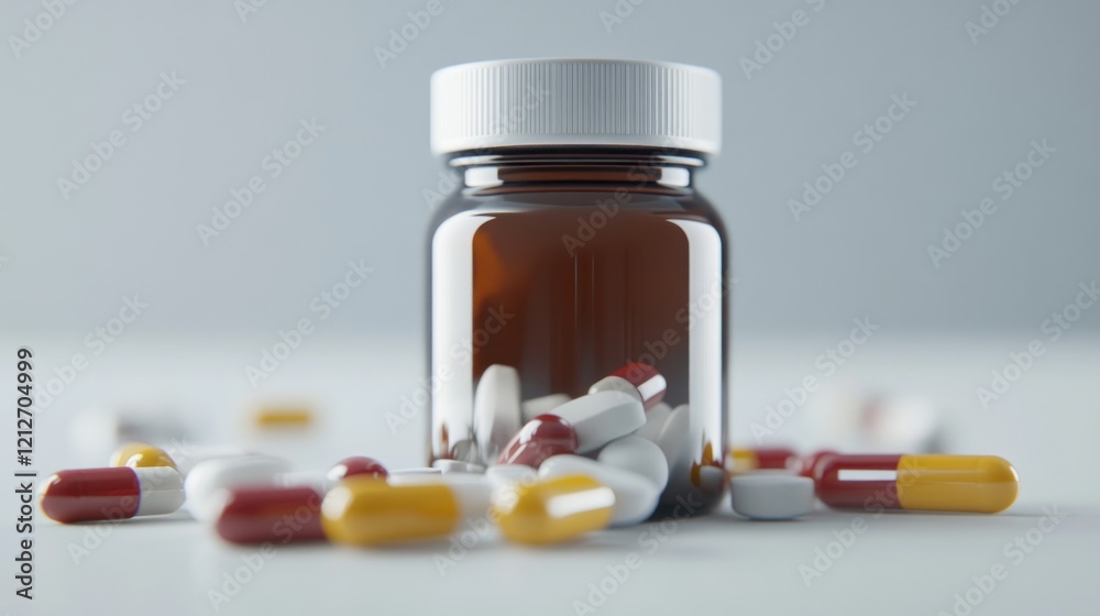 Amber Pill Bottle With Assorted Capsules And Tablets Amber Pill Bottle With Assorted Capsules And Tablets
