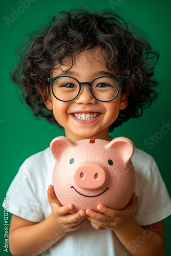 Portrait of Child Holding Piggy Bank
