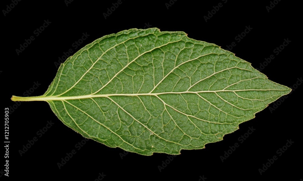 Obraz premium Close-up photo of a green plant leaf with visible veins and stem, highlighting the natural texture and freshness.