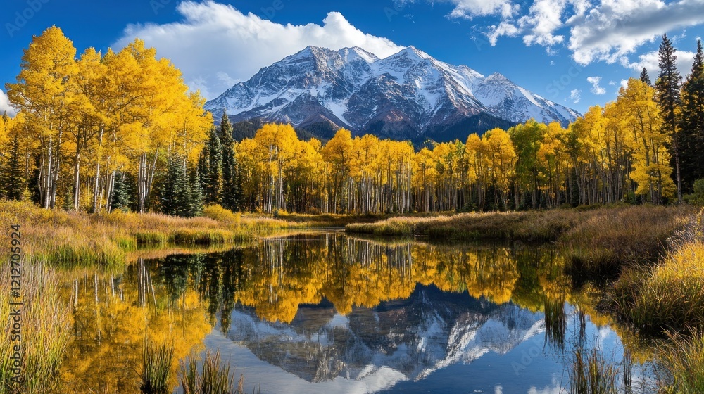 Autumn Aspens Reflecting in Calm Mountain Lake Autumn Aspens Reflecting in Calm Mountain Lake