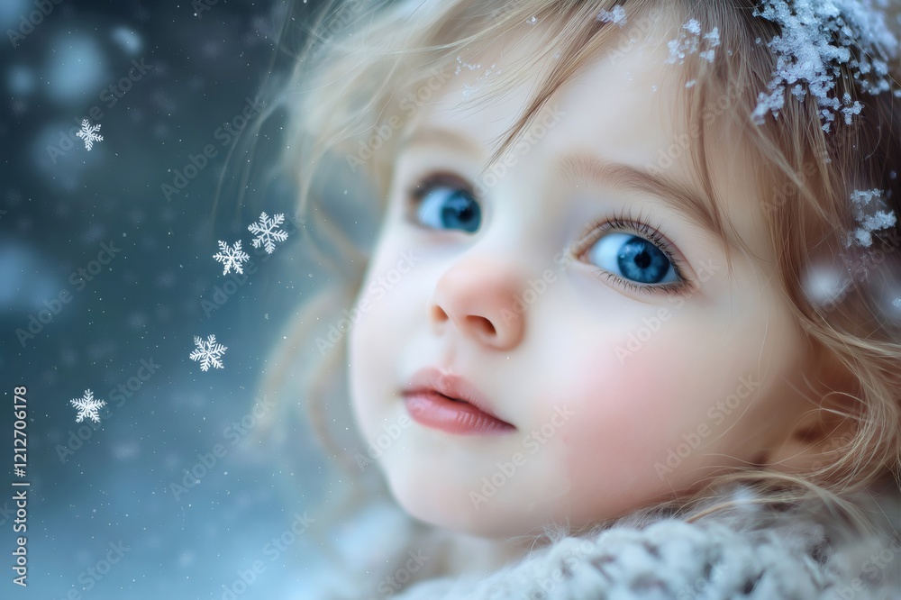Close up portrait of a little girl with blue eyes and snowflakes falling around her, creating a magical winter scene Close up portrait of a little girl with blue eyes and snowflakes falling around her, creating a magical winter scene