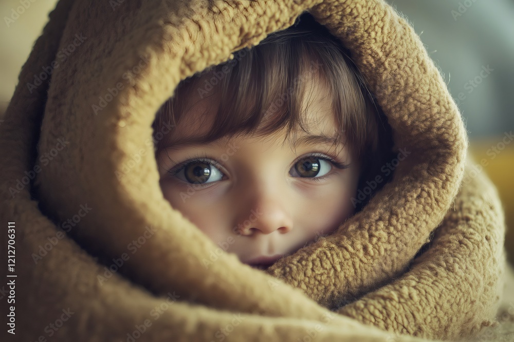 Close up of a child nestled in a soft, warm blanket, creating a cozy, comforting atmosphere filled with innocence and security Close up of a child nestled in a soft, warm blanket, creating a cozy, comforting atmosphere filled with innocence and security