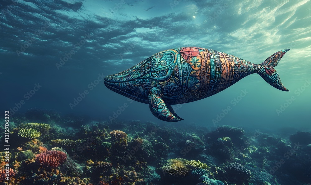 Fototapeta premium Ornate whale swims ocean coral reef, sunlit surface