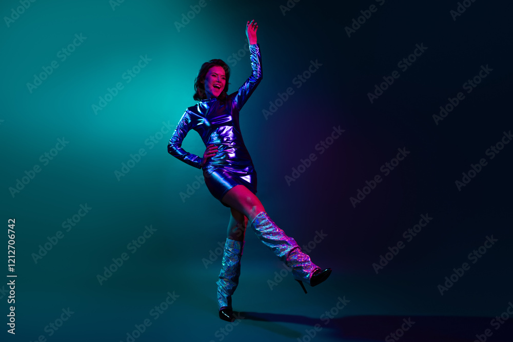 Obraz premium Full size photo of pretty young girl dance have fun wear trendy discotheque vintage clothes isolated on dark background