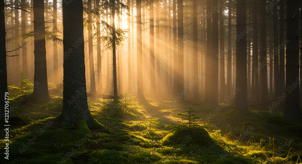 Obraz premium A dense, foggy forest with golden sunlight piercing through the trees, creating an ethereal glow
