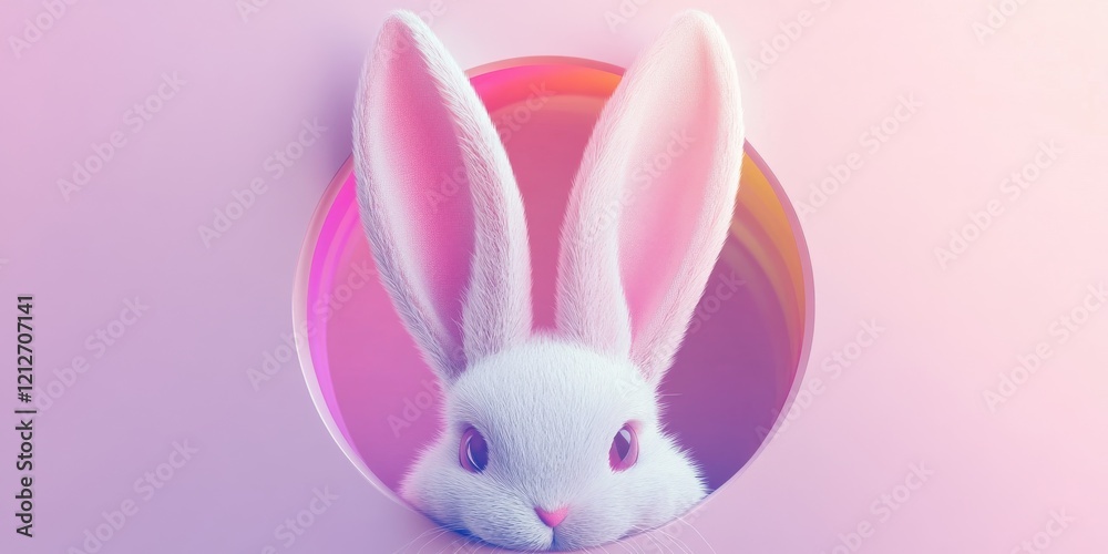 Fototapeta premium Cute white bunny with fluffy ears peeking through a pink circular frame