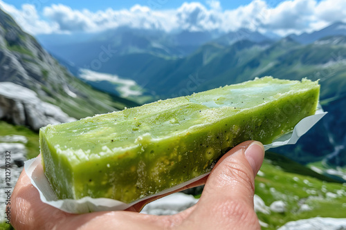 Hiker eating an algae protein bar on a mountain trail with scenic valley background photo