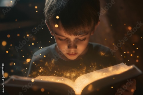 Child reading a book with golden light and glitter coming out of it, enjoying his favorite fantasy story photo