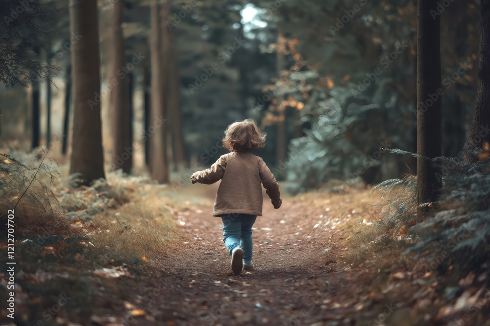 Little child joyfully running along a forest path, embracing the beauty of nature and the thrill of outdoor adventure Little child joyfully running along a forest path, embracing the beauty of nature and the thrill of outdoor adventure