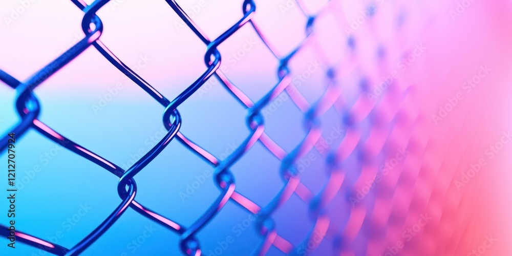 Fototapeta premium Blue chain link fence with a pink background