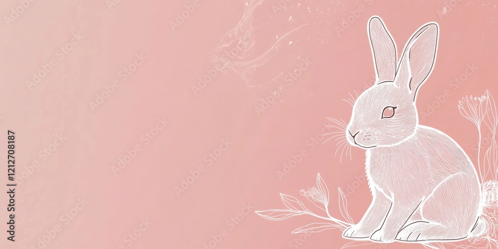 Obraz premium Delicate line art of a rabbit with floral elements on pastel background