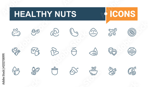 Healthy Nuts Set of icons. Icons app, pistachio, protein, walnut, hazelnut, snack, acorn, vegetarian. Pixel perfect. Editable vector stroke.