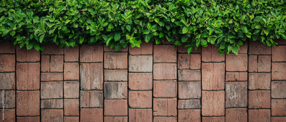 Interlocking bricks in muted earthy tones with lush green foliage above Interlocking bricks in muted earthy tones with lush green foliage above