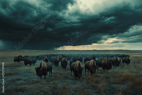 Majestic bison herd moving across a vibrant prairie under brooding storm clouds at twilight in the great plains region