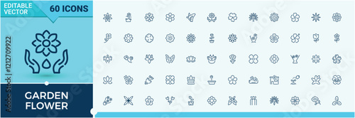 Garden Flower lined icons set. Contains such icons as floral, flora, plant, eco, garden. Collection for mobile and web apps. Editable stroke.