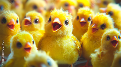 A vibrant mass of fluffy yellow chicks, huddled together, peeping with open beaks and wide, curious eyes. A scene of springtime innocence and adorable charm.