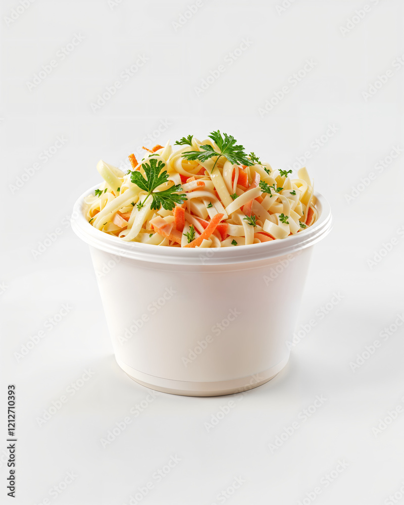 Fresh coleslaw served in a white container with parsley garnish and colorful carrots Fresh coleslaw served in a white container with parsley garnish and colorful carrots