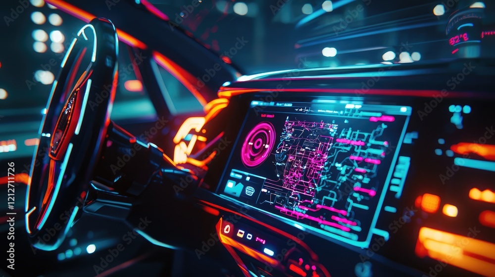 Detailed image of an autonomous vehicle dashboard with advanced navigation systems and smart sensors visible. Detailed image of an autonomous vehicle dashboard with advanced navigation systems and smart sensors visible.