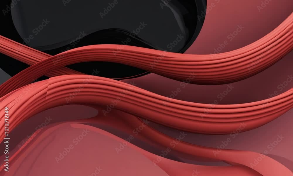 Smooth flowing red waves intertwined with sharp black edges, creating a dynamic ripple effect on a deep black gradient background