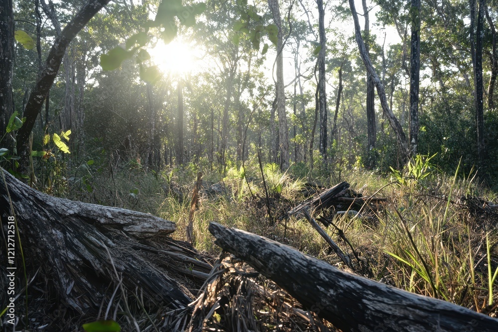 Sunlit forest trail, fallen logs, sunrise, nature, serenity Sunlit forest trail, fallen logs, sunrise, nature, serenity