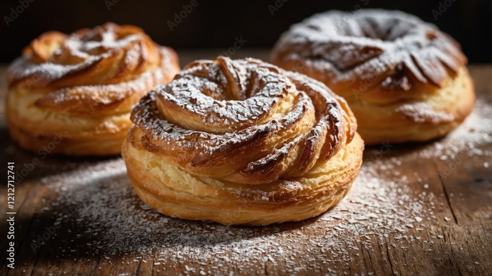 Three freshly baked pastries dusted with powdered sugar on a wooden surface. Three freshly baked pastries dusted with powdered sugar on a wooden surface.