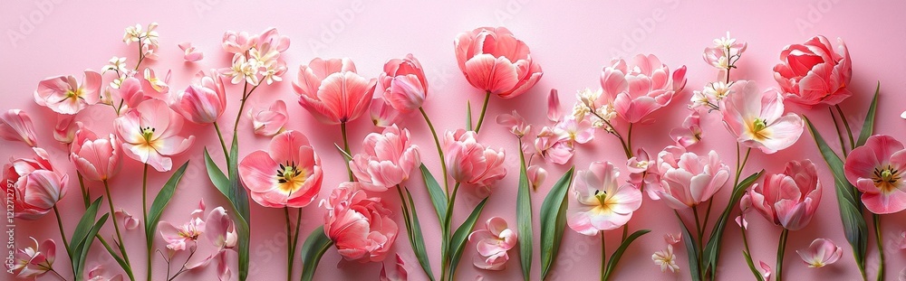 Obraz premium Delicate spring flowers showcase their beauty in various shades of pink, enhancing the softness of a pastel backdrop. Petals scatter gracefully, adding elegance to the vibrant arrangement