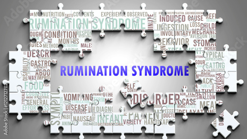 Rumination Syndrome as a complex subject, related to important topics. Pictured as a puzzle and a word cloud made of most important ideas and phrases related to rumination syndrome. ,3d illustration